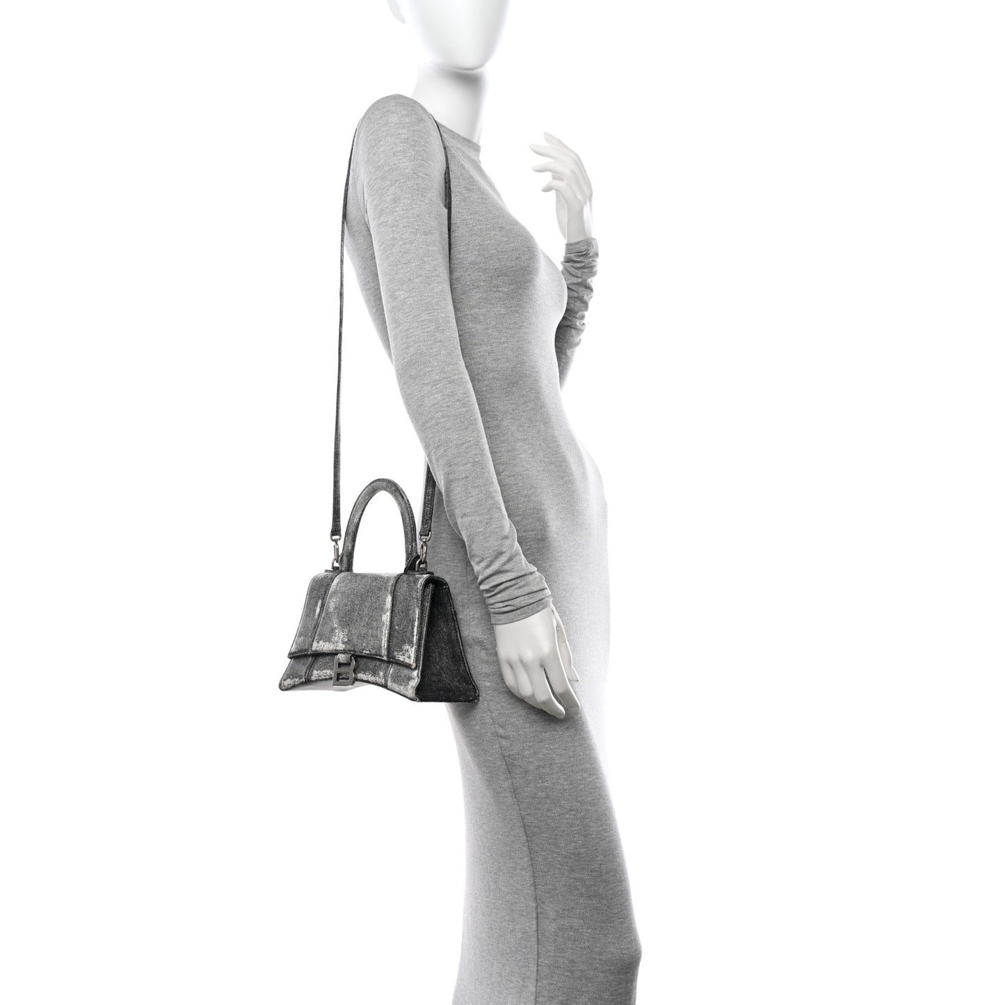Nappa Denim Printed Small Hourglass Top Handle Bag Black