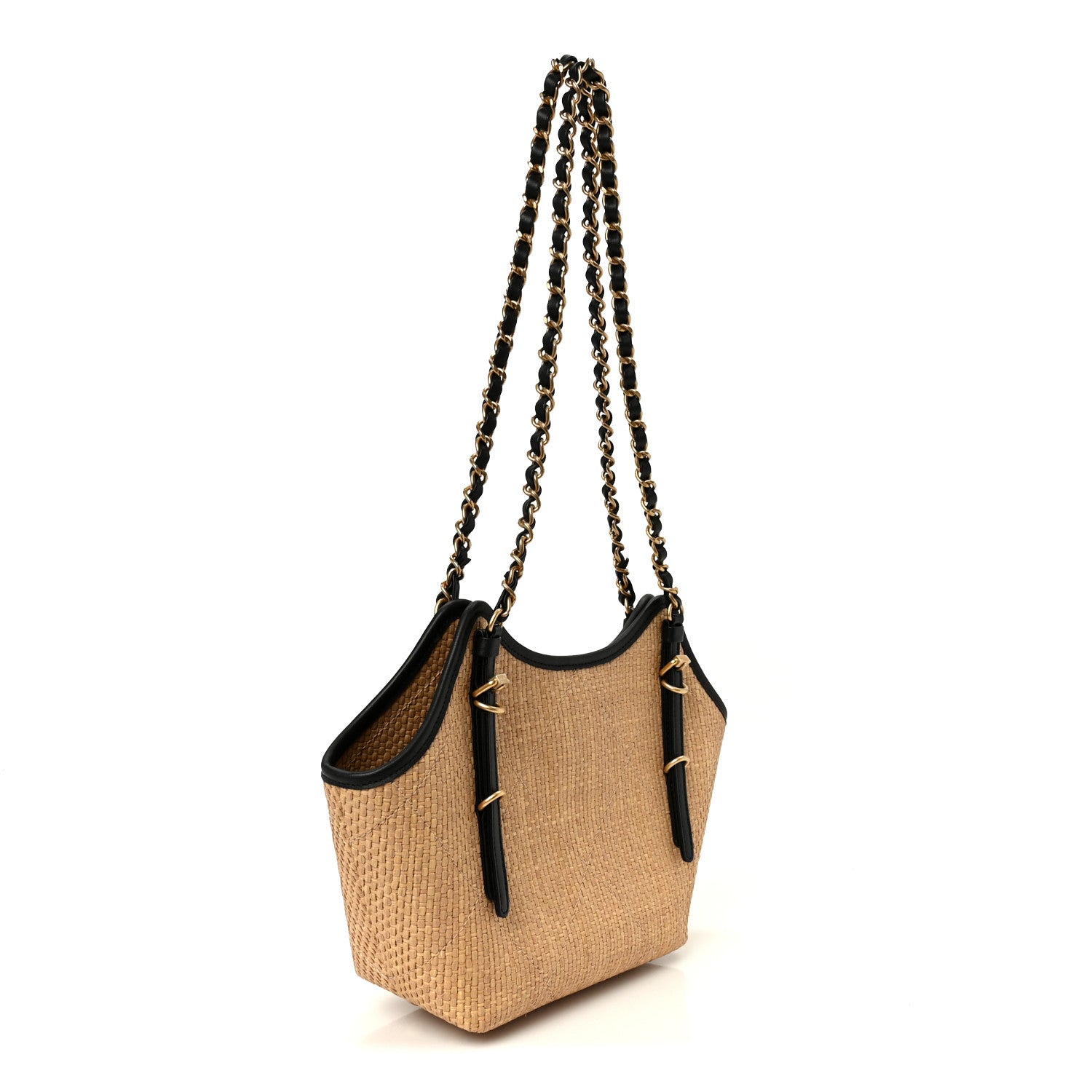 Chanel Braided Raffia Stitched Small Shopping Bag Dark Beige Black
