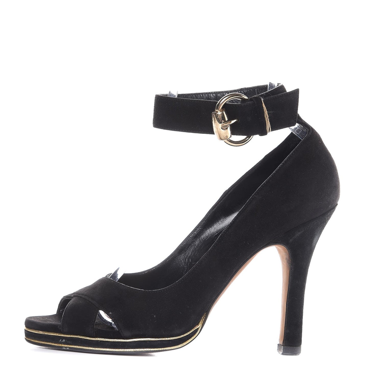 Suede Ankle Strap Peep Toe Pumps 36 Nero Black Gold