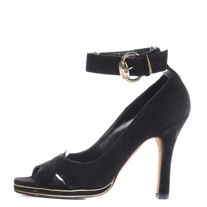 Gucci Suede Ankle Strap Peep Toe Pumps 36 Nero Black Gold 1 of 10