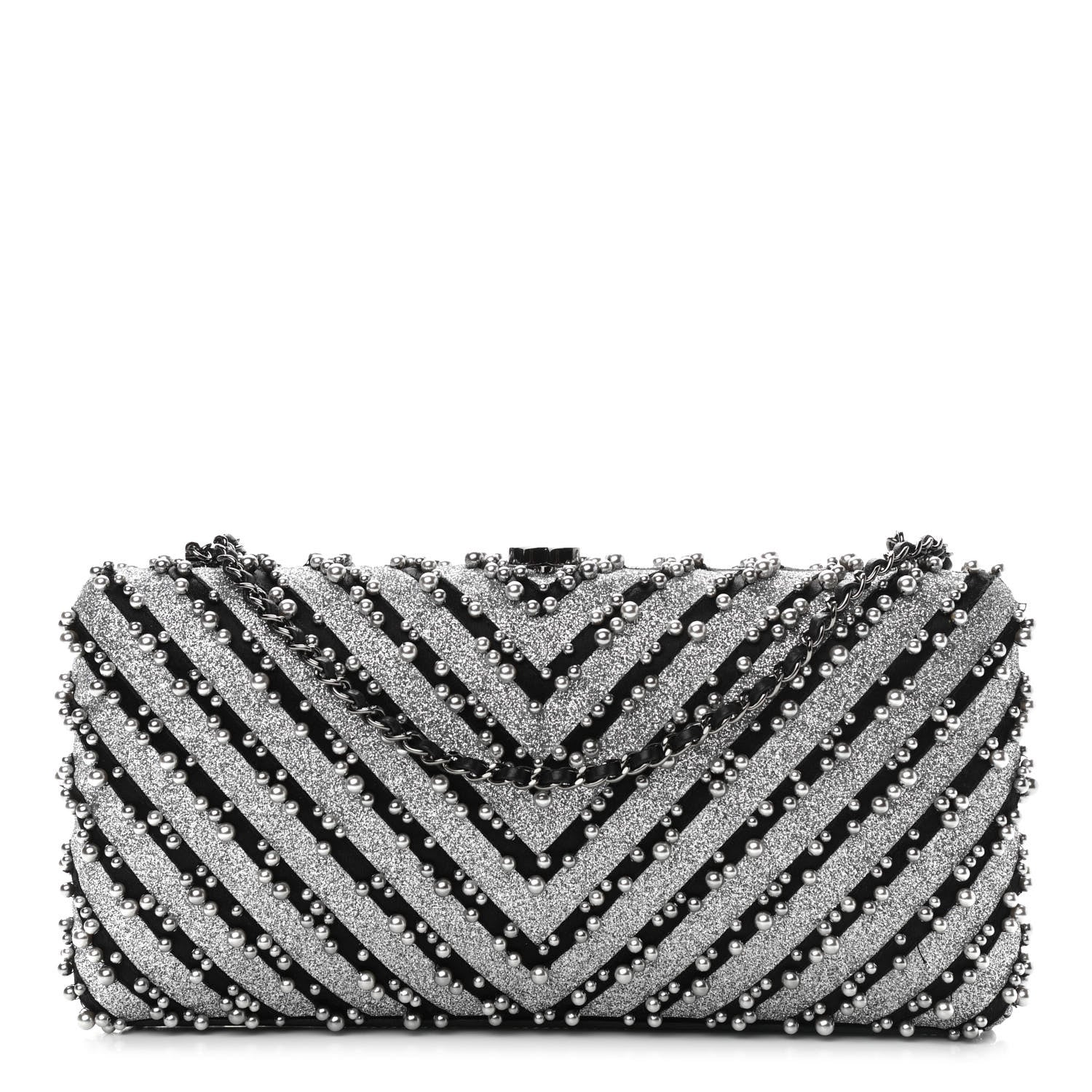Chanel Mixed Fibers Pearl Evening Clutch Silver Black 1 of 11