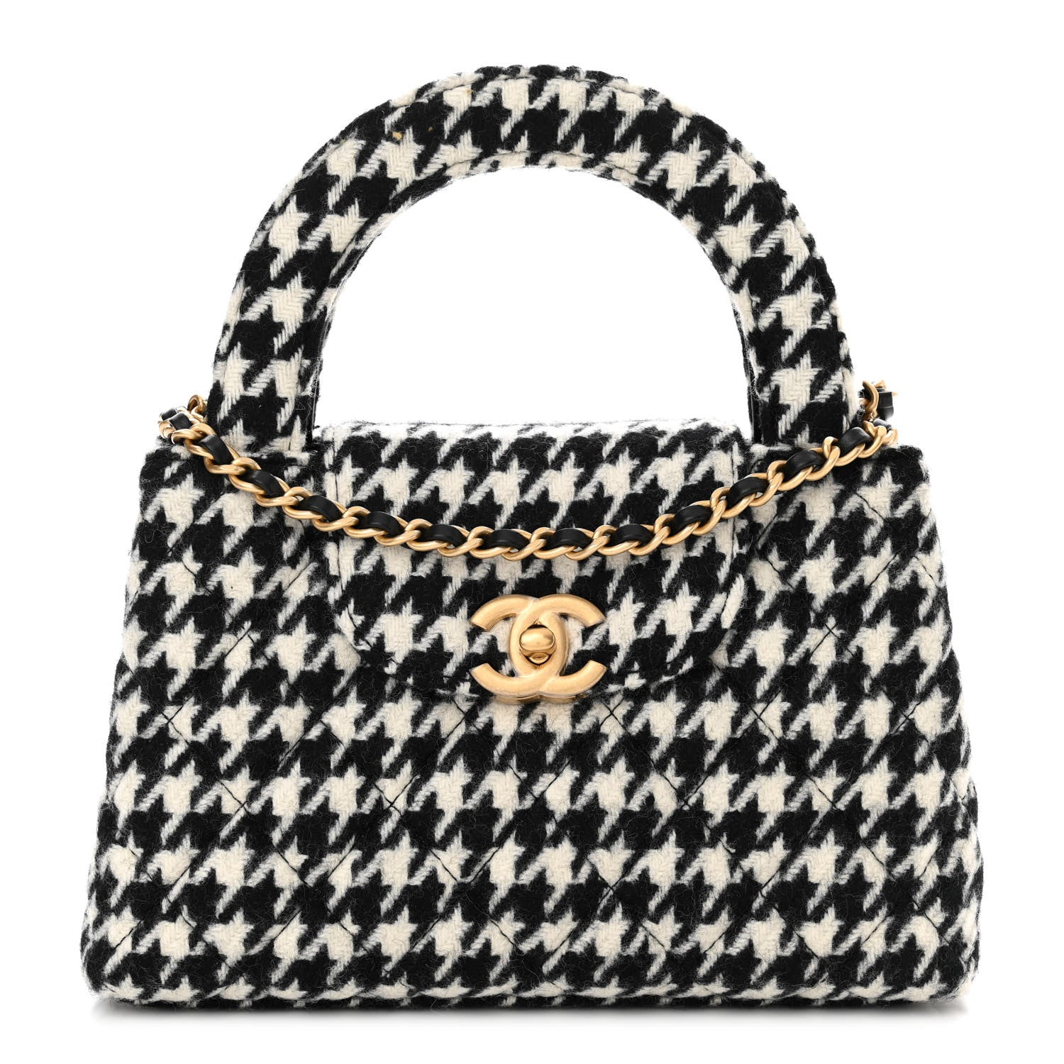 Chanel Tweed Houndstooth Quilted Nano Kelly Shopper Black White 1 of 12