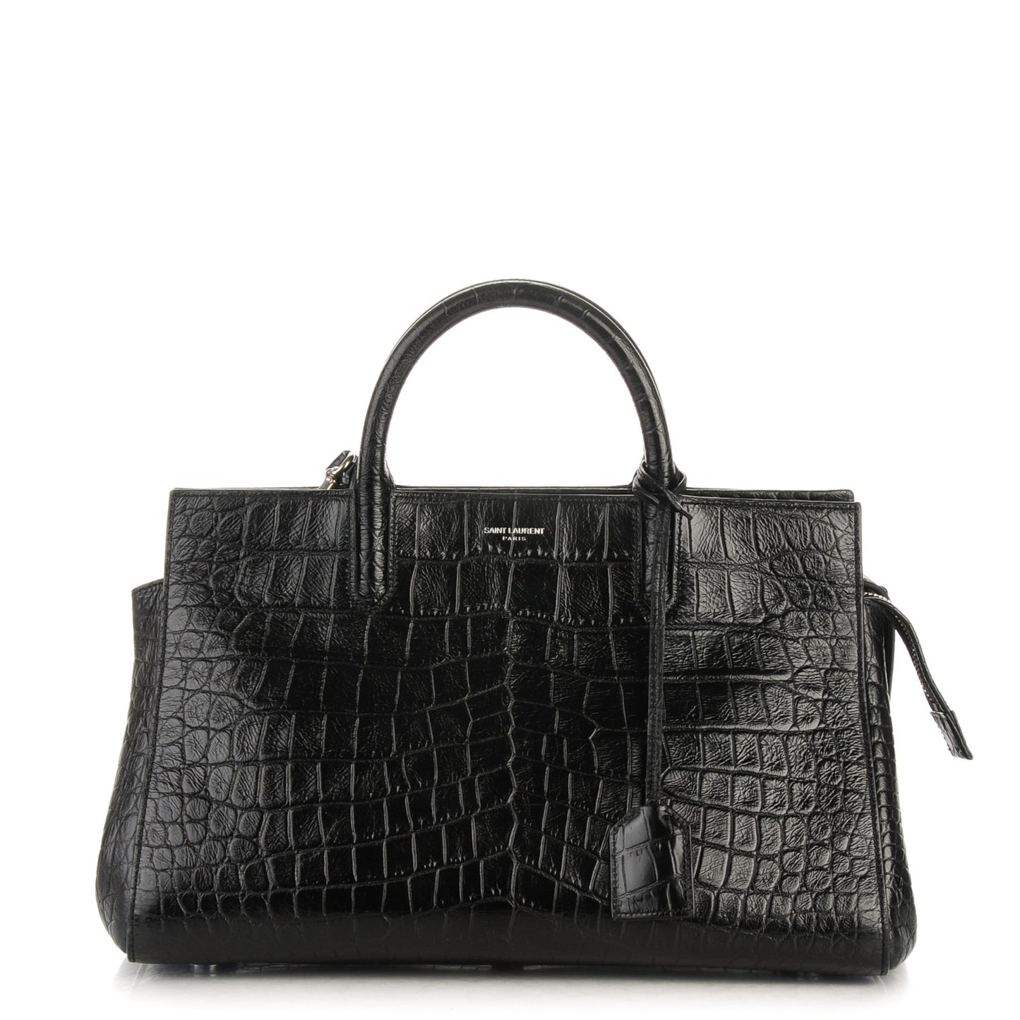 Calfskin Crocodile Embossed Small Cabas Rive Gauche Black