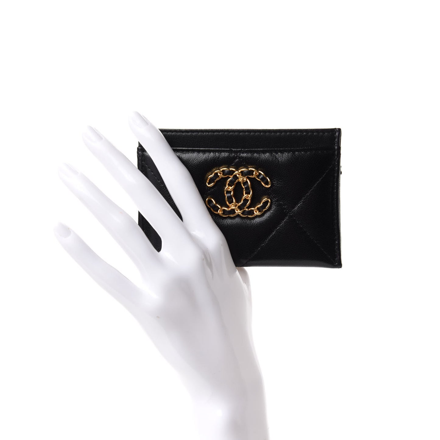 Shiny Goatskin Quilted Chanel 19 Card Holder Black