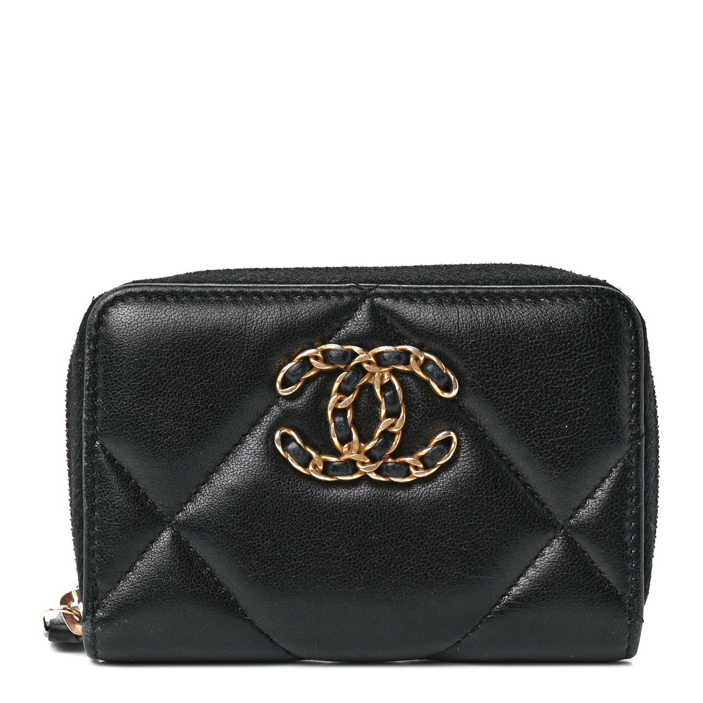 Lambskin Quilted Chanel 19 Zip Around Coin Purse Wallet Black