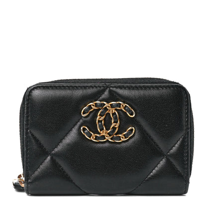 Chanel Lambskin Quilted Chanel 19 Zip Around Coin Purse Wallet Black 1 of 11