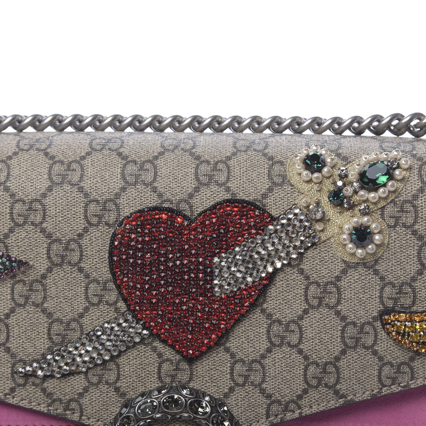 GG Supreme Monogram Suede Pierced Heart Embroidered Medium Dionysus Shoulder Bag Beige Ebony Pink Tropical Flower