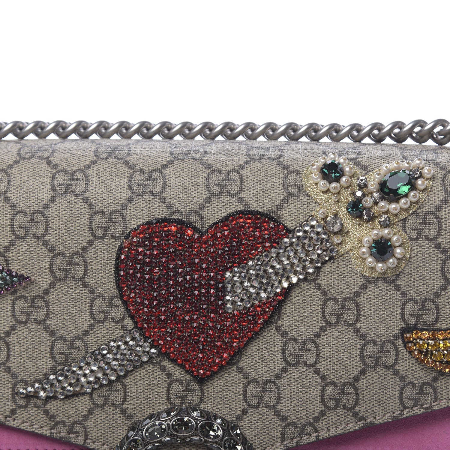 Gucci GG Supreme Monogram Suede Pierced Heart Embroidered Medium Dionysus Shoulder Bag Beige Ebony Pink Tropical Flower 12 of 18