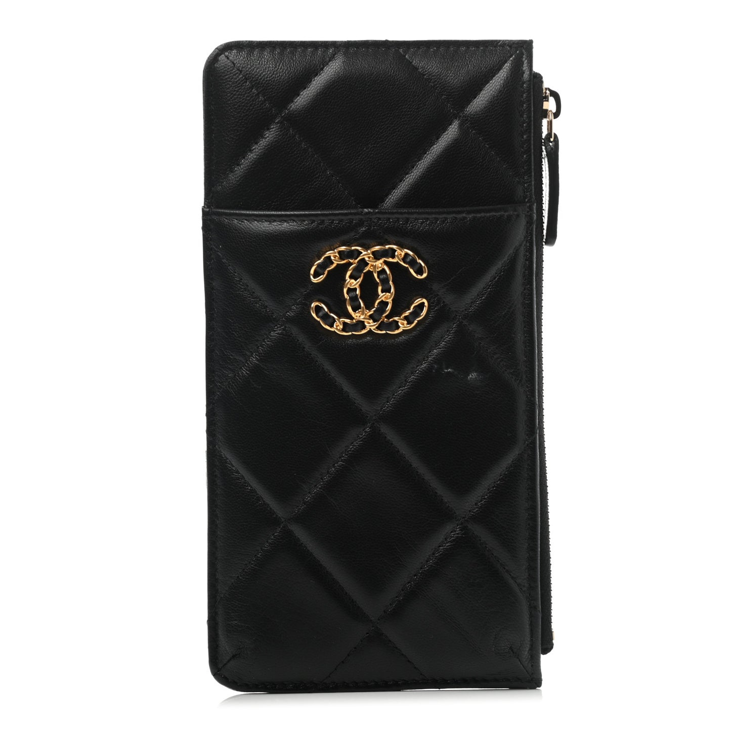 Shiny Goatskin Quilted Chanel 19 Phone and Card Holder Black