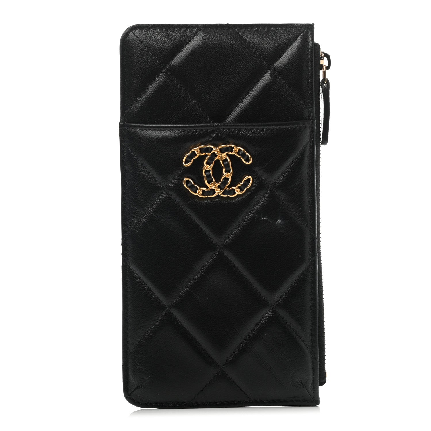 Chanel Shiny Goatskin Quilted Chanel 19 Phone and Card Holder Black 1 of 7