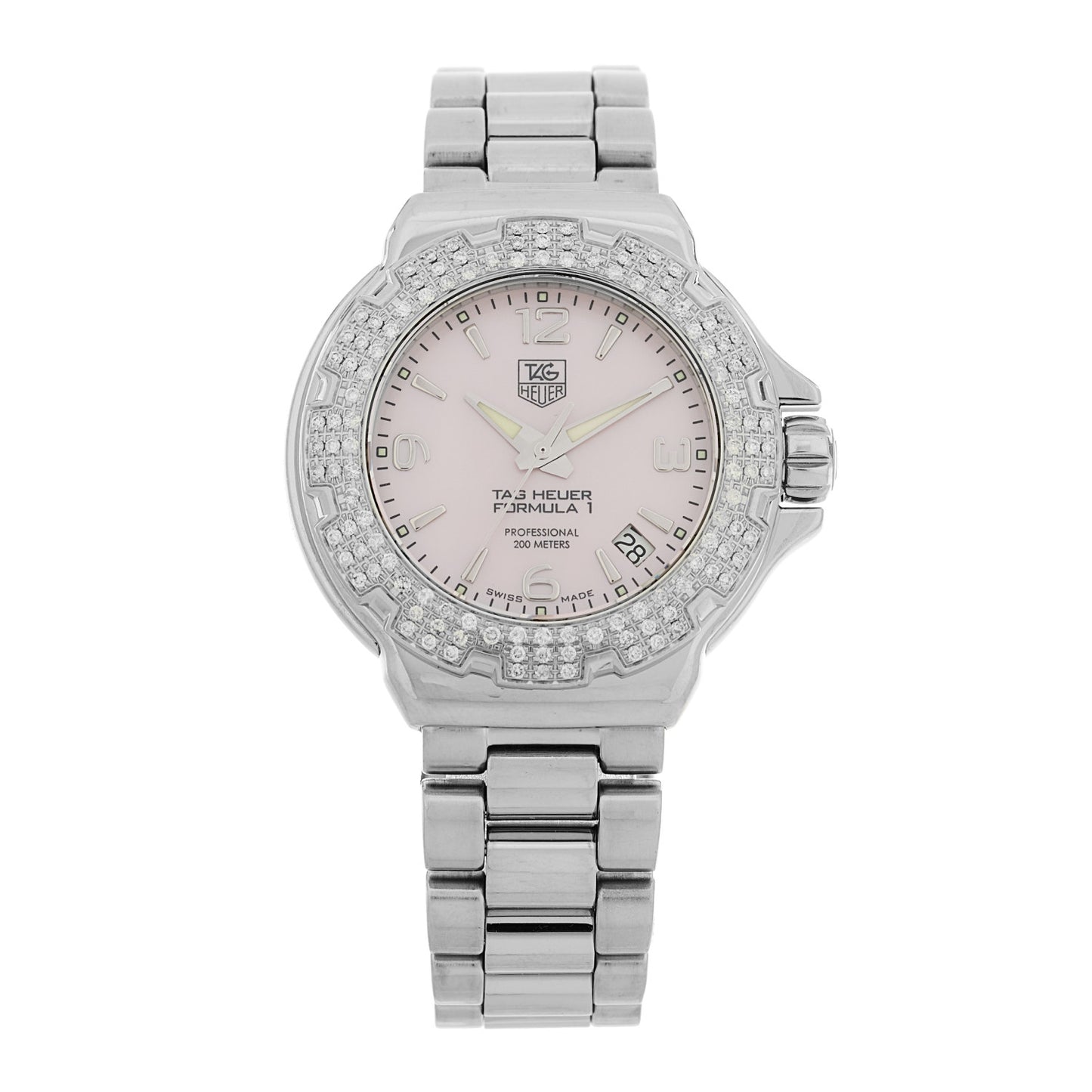 Stainless Steel Diamond Bezel Pink Mother of Pearl 36mm Formula 1 Lady Quartz Watch WAC1216-0