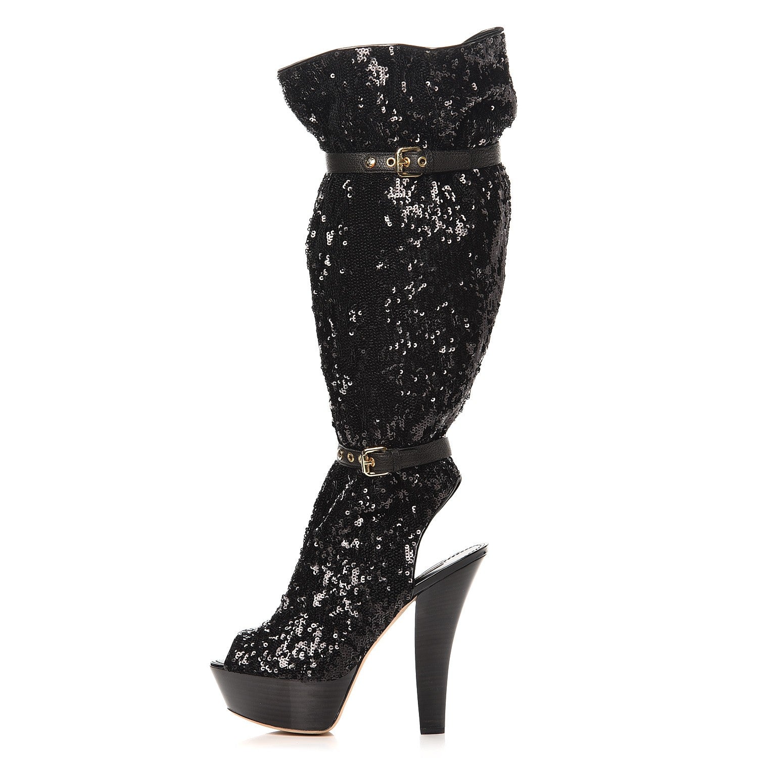 Louis Vuitton Sequin Peep Toe Tall Boots 38.5 Black 1 of 9