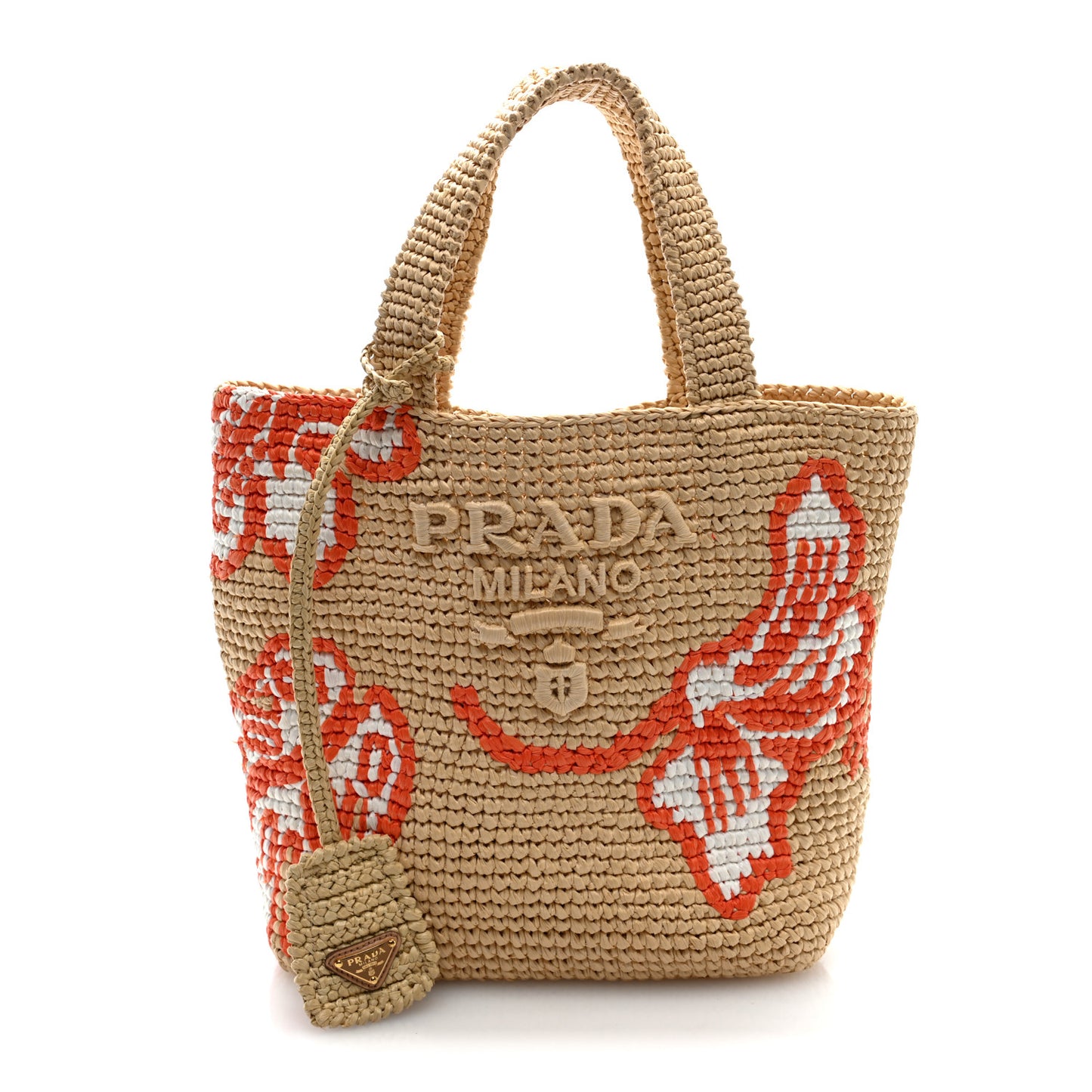 Yarn Raffia Effect Crochet Embroidered Floral Logo Tote Naturale Aranci