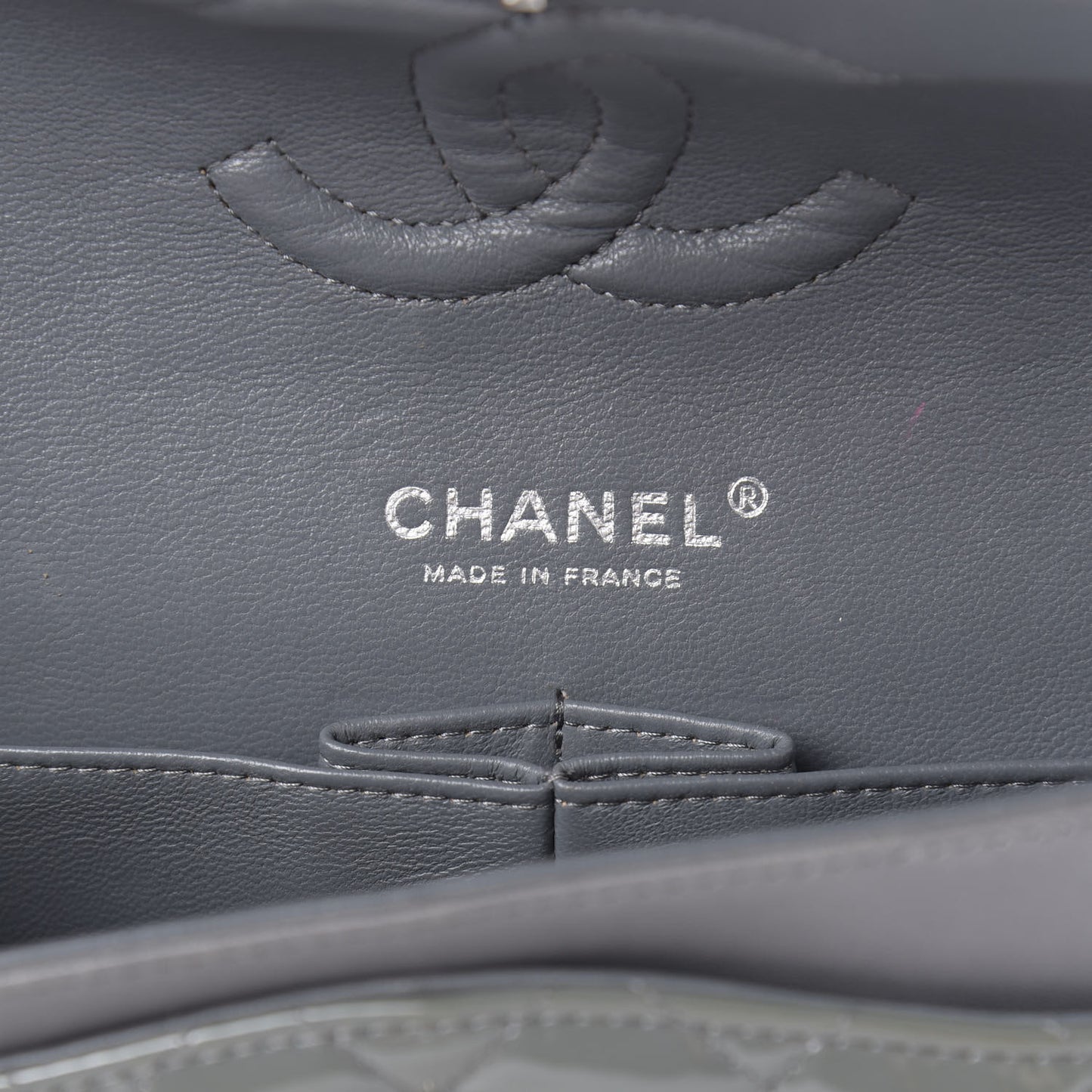 Patent Calfskin Quilted Medium Double Flap Grey