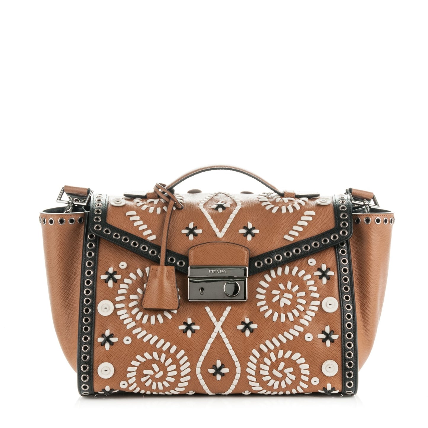 Saffiano Embroidered Pattina Sound Twin Pocket Satchel Caramel