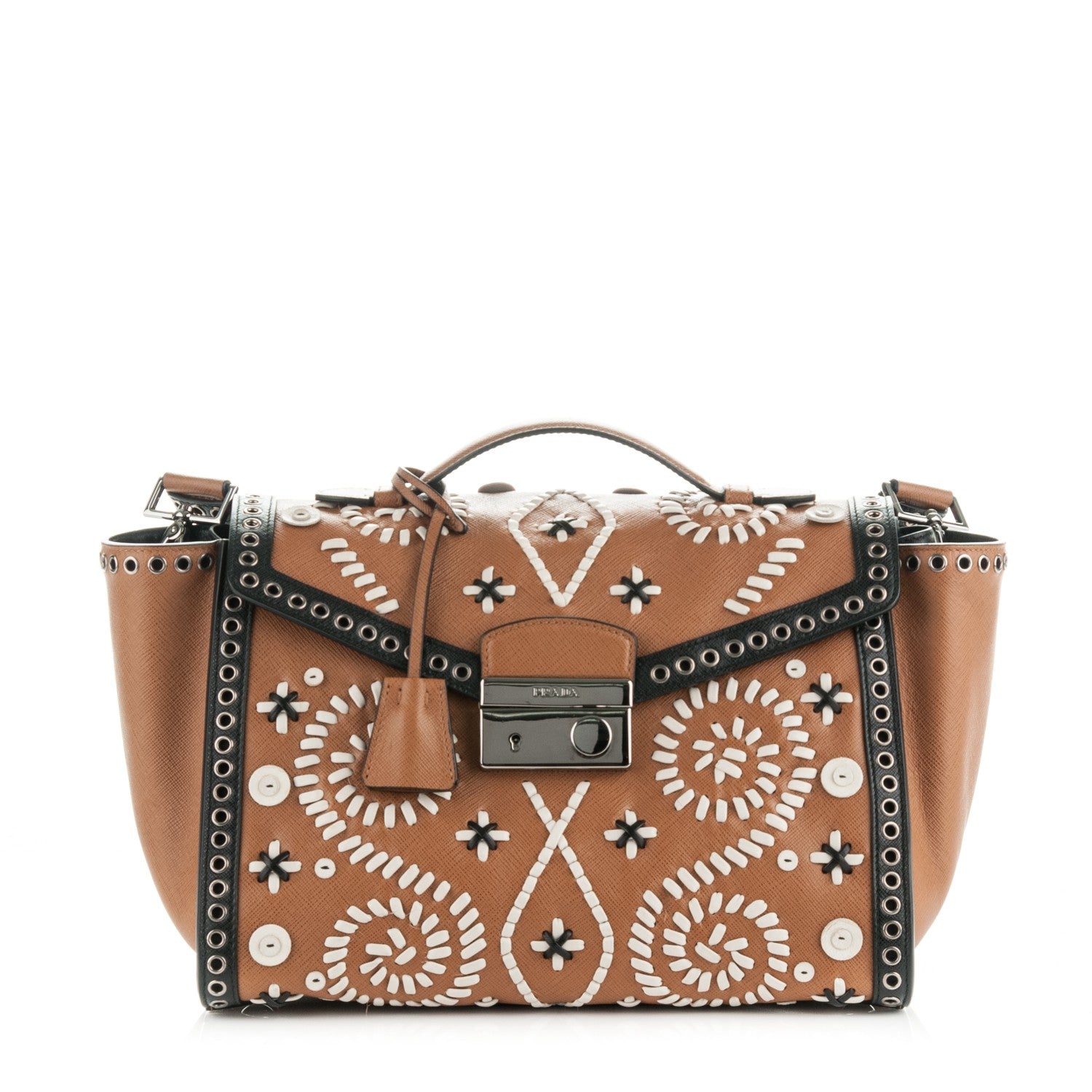 Prada Saffiano Embroidered Pattina Sound Twin Pocket Satchel Caramel 1 of 8