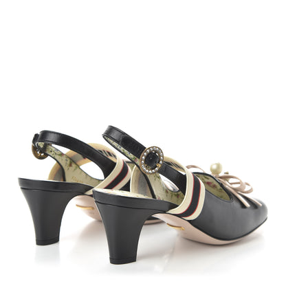 Gucci Malaga Kid Bow Ace Stripe Mid Heel Slingback Pumps 38 Black 4 of 9