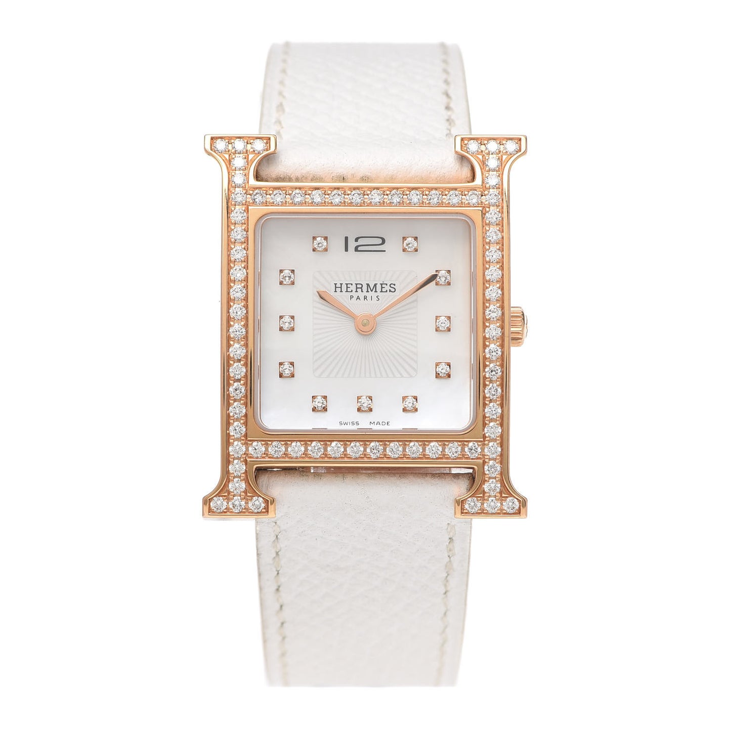 18K Rose Gold Epsom Diamond Bezel Mother of Pearl 26mm Heure H Hour Quartz Watch Blanc