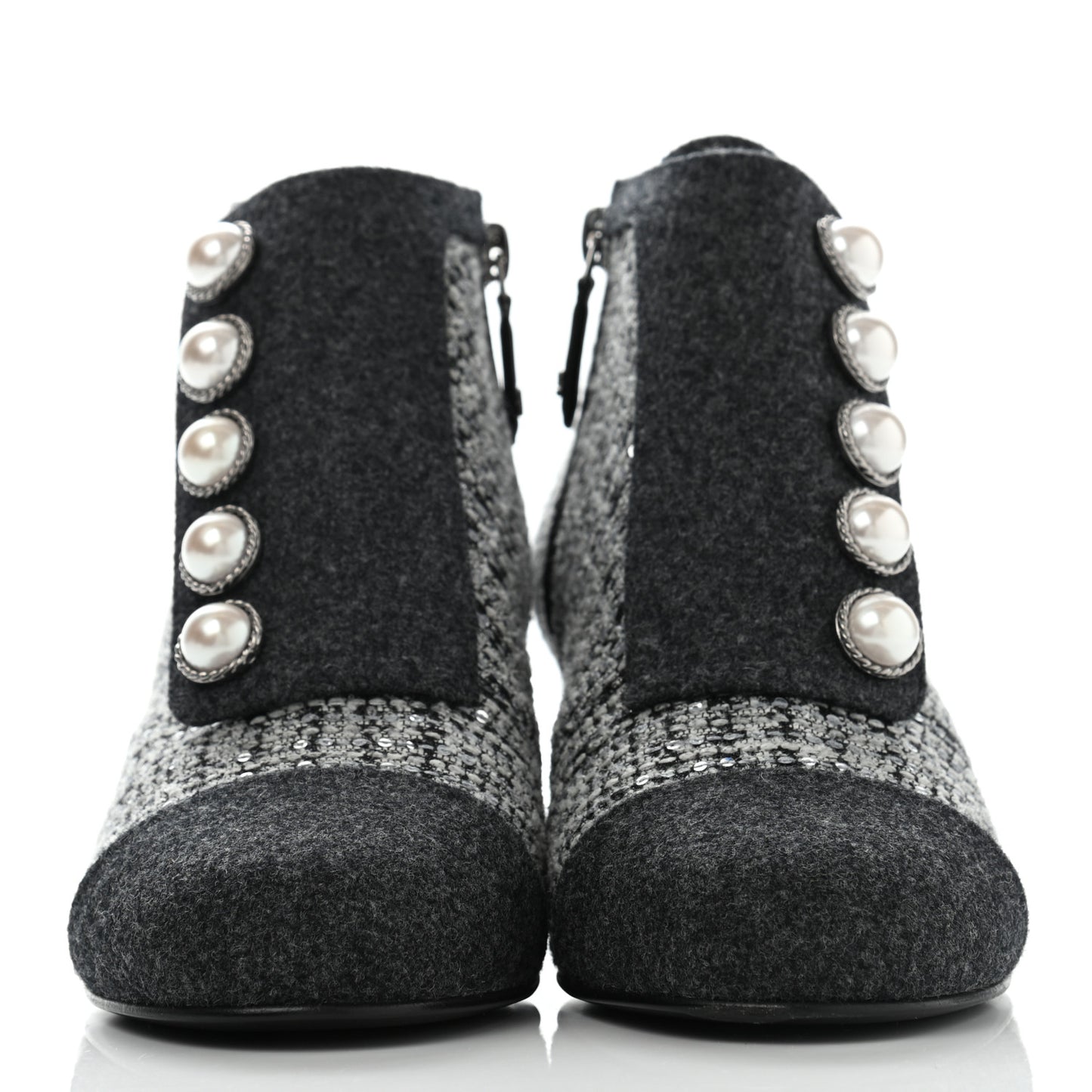 Tweed Pearl Cap Toe Short Boot 37 Ecru Black Grey