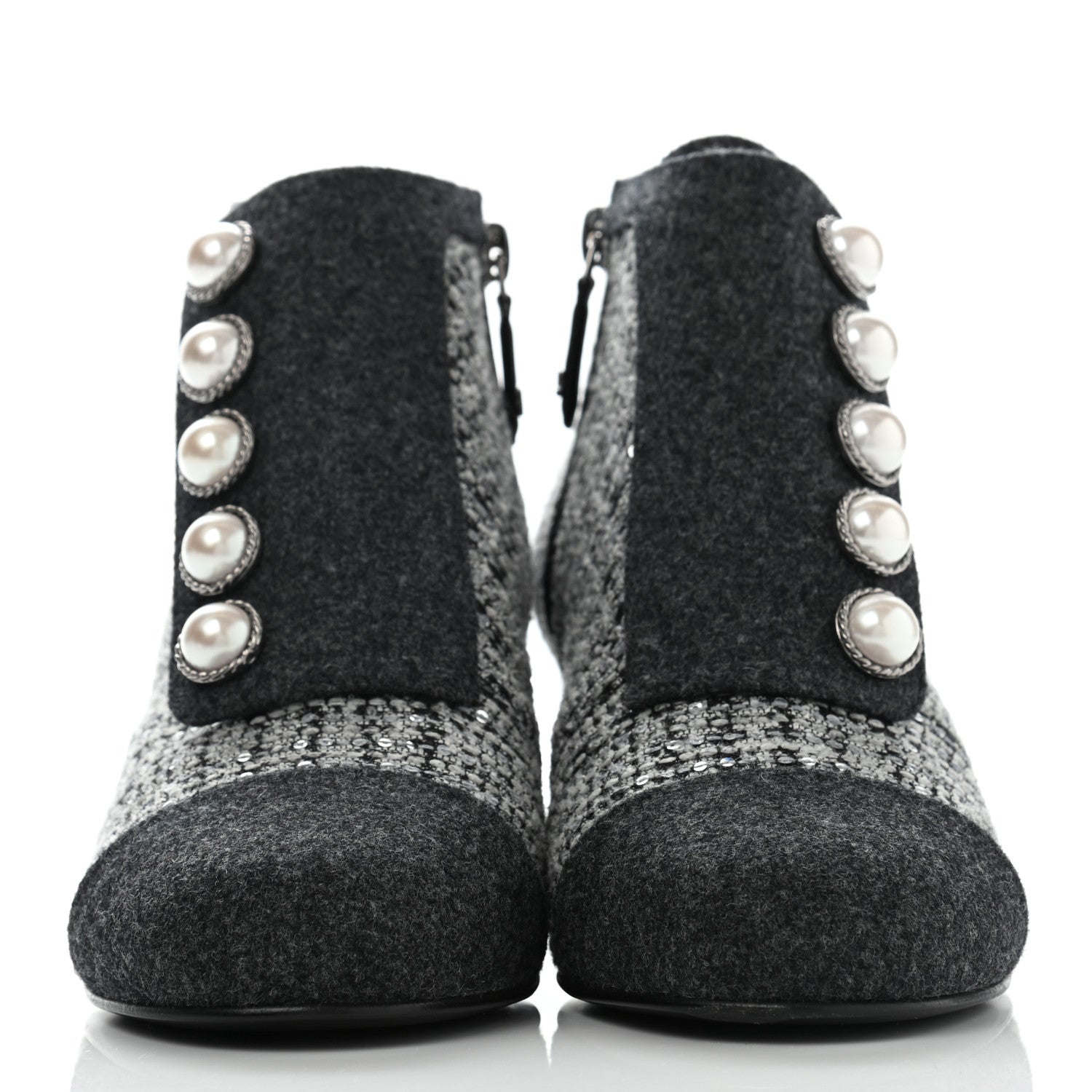 Chanel Tweed Pearl Cap Toe Short Boot 37 Ecru Black Grey 2 of 8