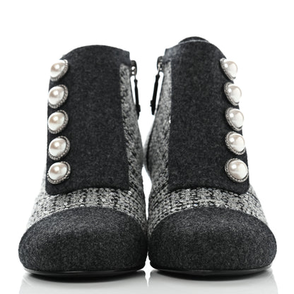 Chanel Tweed Pearl Cap Toe Short Boot 37 Ecru Black Grey 2 of 8