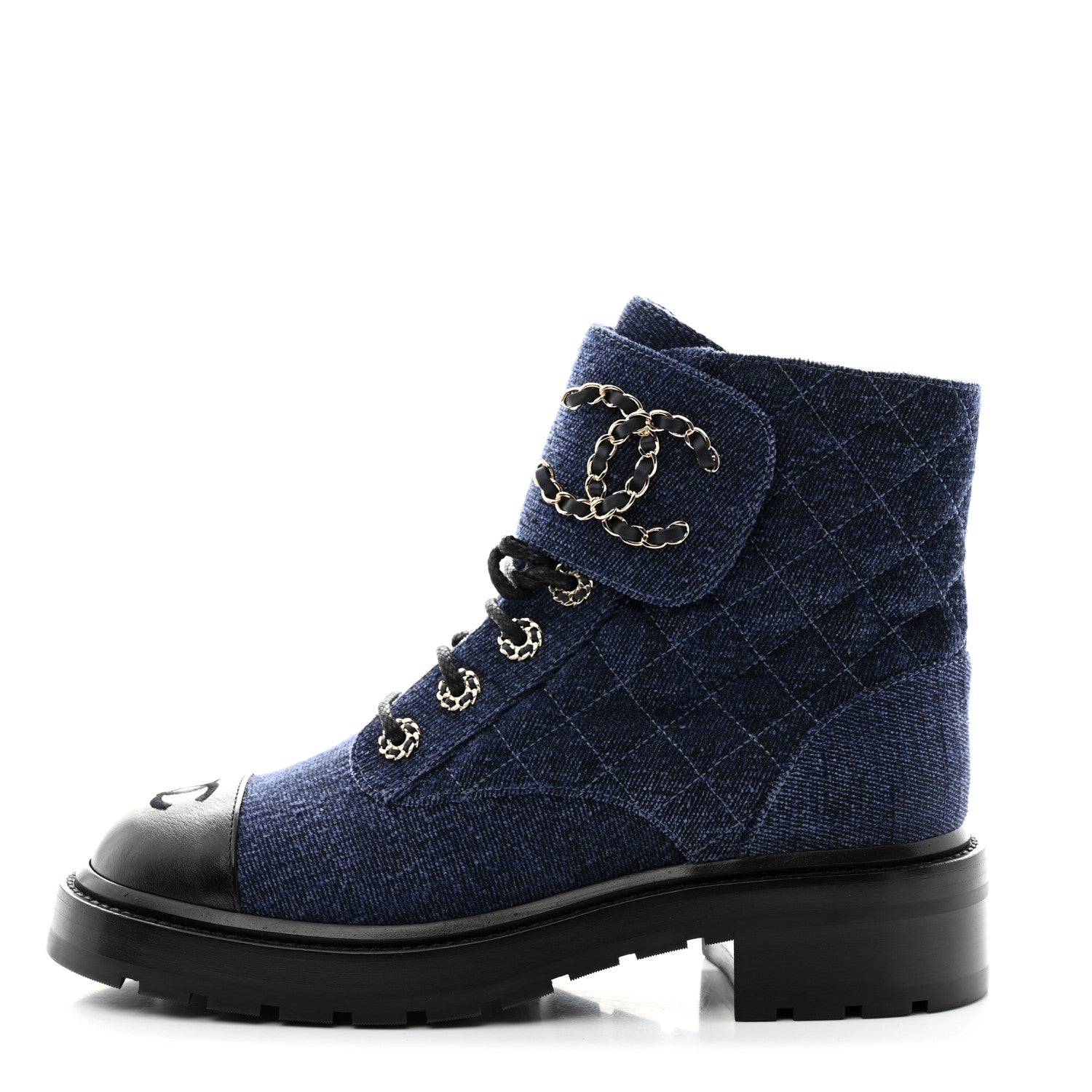 Chanel Shiny Calfskin Velvet Quilted Lace Up Combat Boots 38 Blue Black 1 of 8