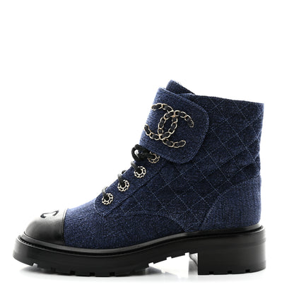 Chanel Shiny Calfskin Velvet Quilted Lace Up Combat Boots 38 Blue Black 1 of 8