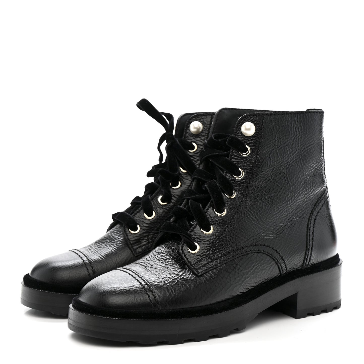 Shiny Calfskin Velvet Pearl Combat Short Boots 38 Black