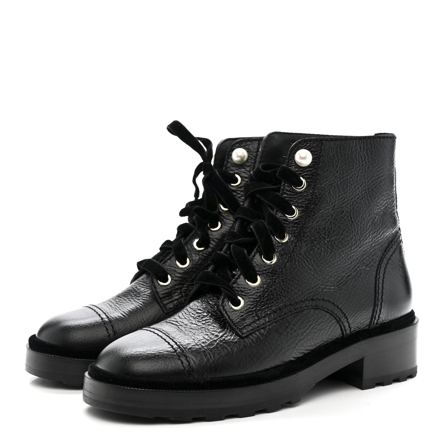 Chanel Shiny Calfskin Velvet Pearl Combat Short Boots 38 Black 6 of 10