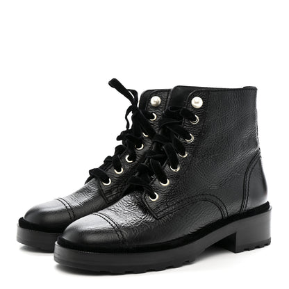Chanel Shiny Calfskin Velvet Pearl Combat Short Boots 38 Black 6 of 10