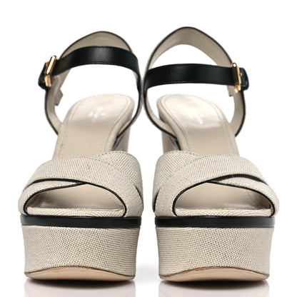 Louis Vuitton Calfskin Canvas Wedge Sandals 38 Beige Black 2 of 8
