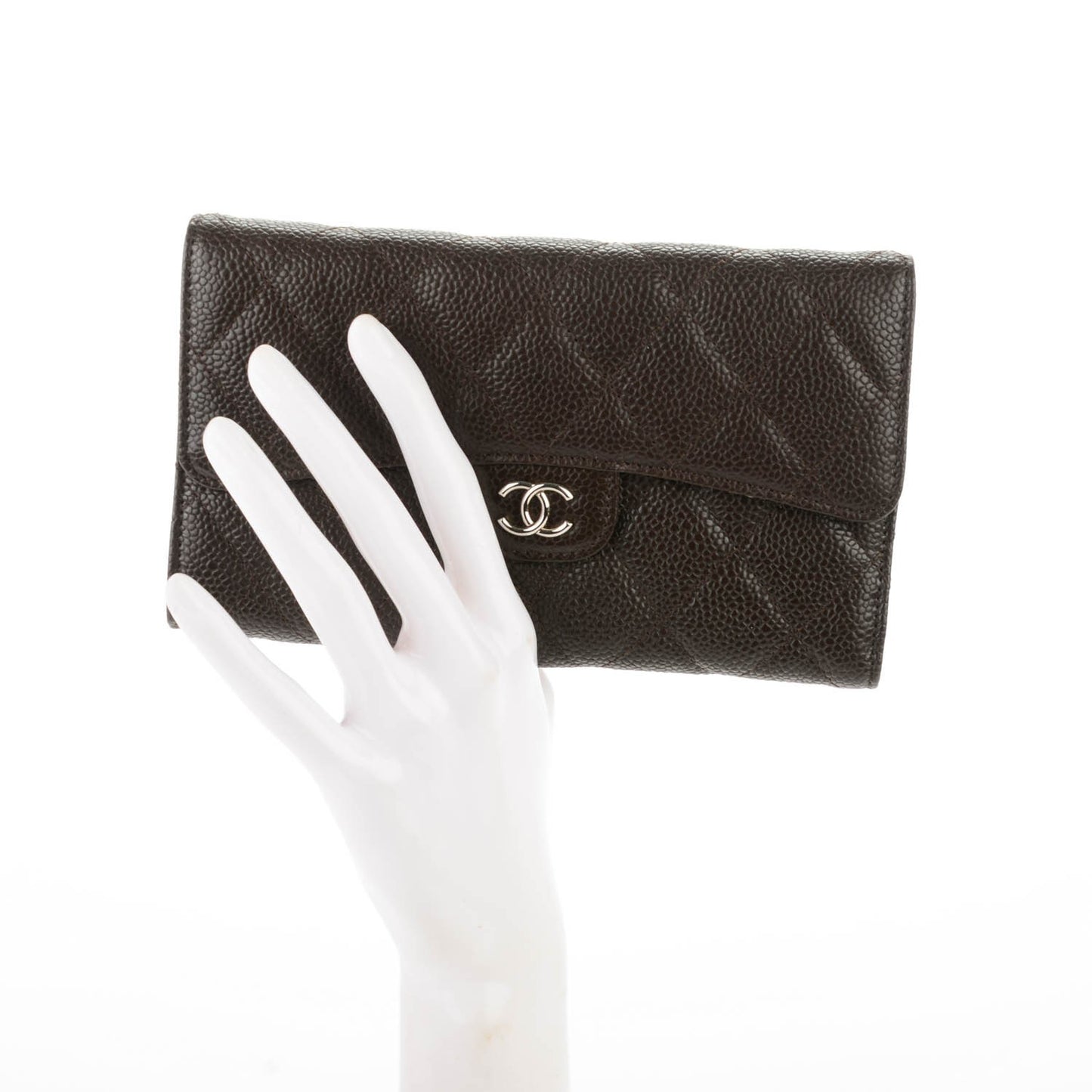 Caviar Quilted Long Flap Wallet Dark Brown