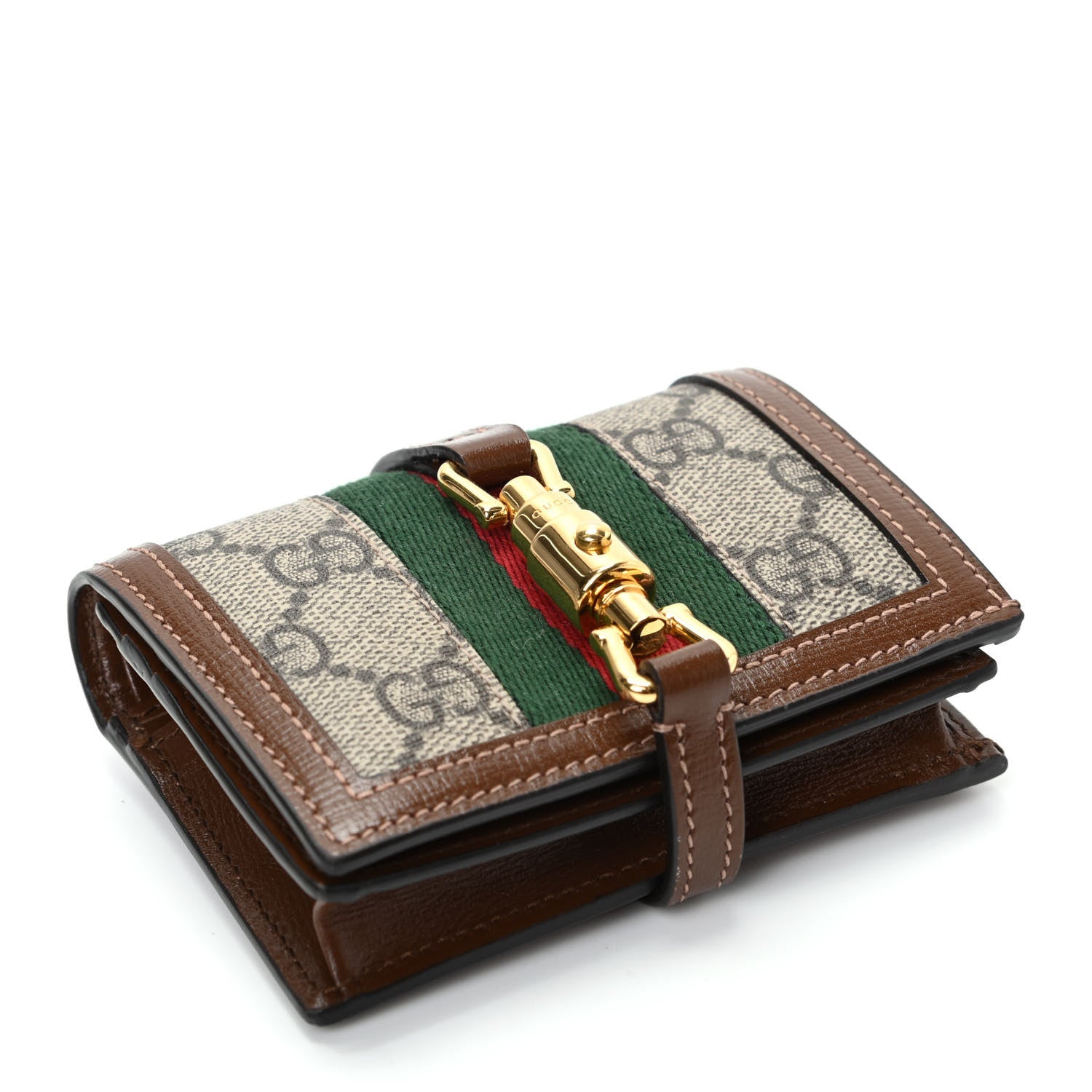 Gucci GG Supreme Monogram Textured Calfskin Web Jackie 1961 Card Case Beige Ebony Brown Sugar 4 of 8