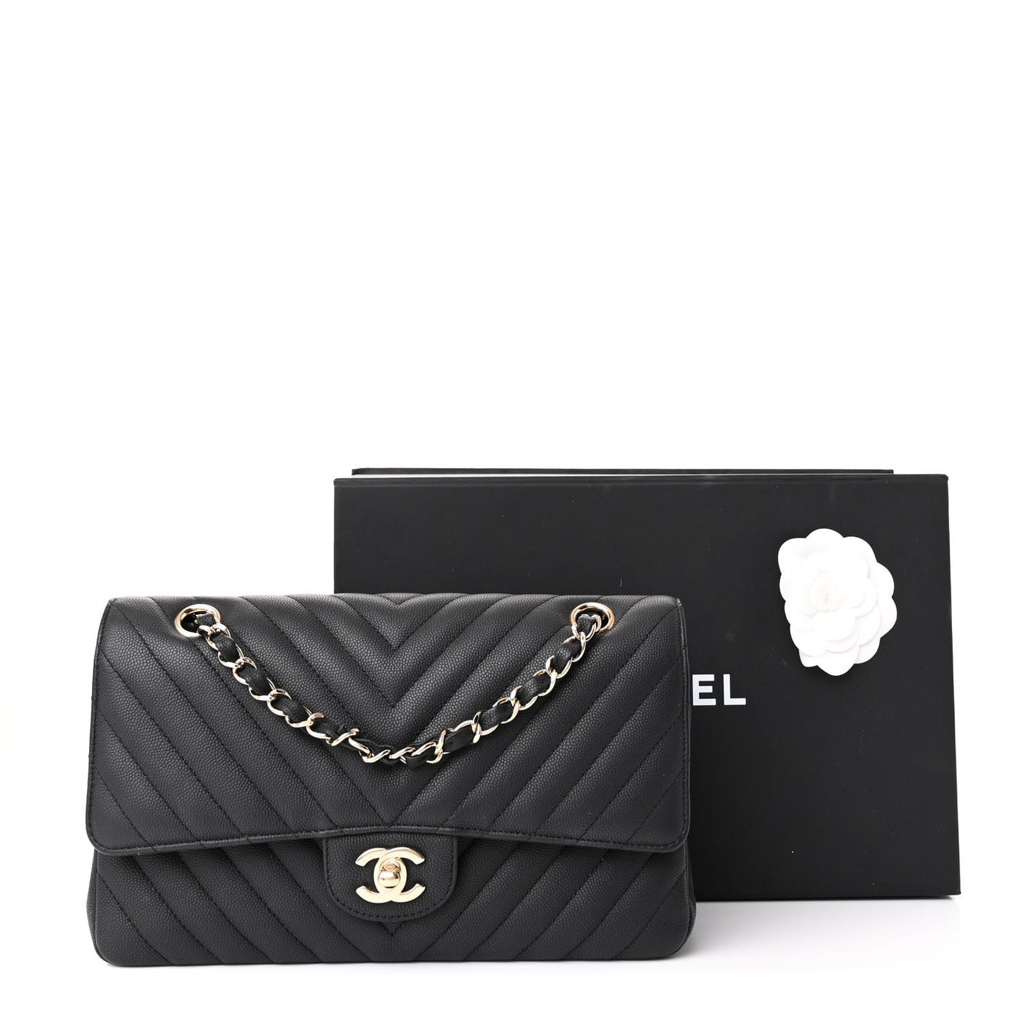 Caviar Chevron Quilted Medium Double Flap Black