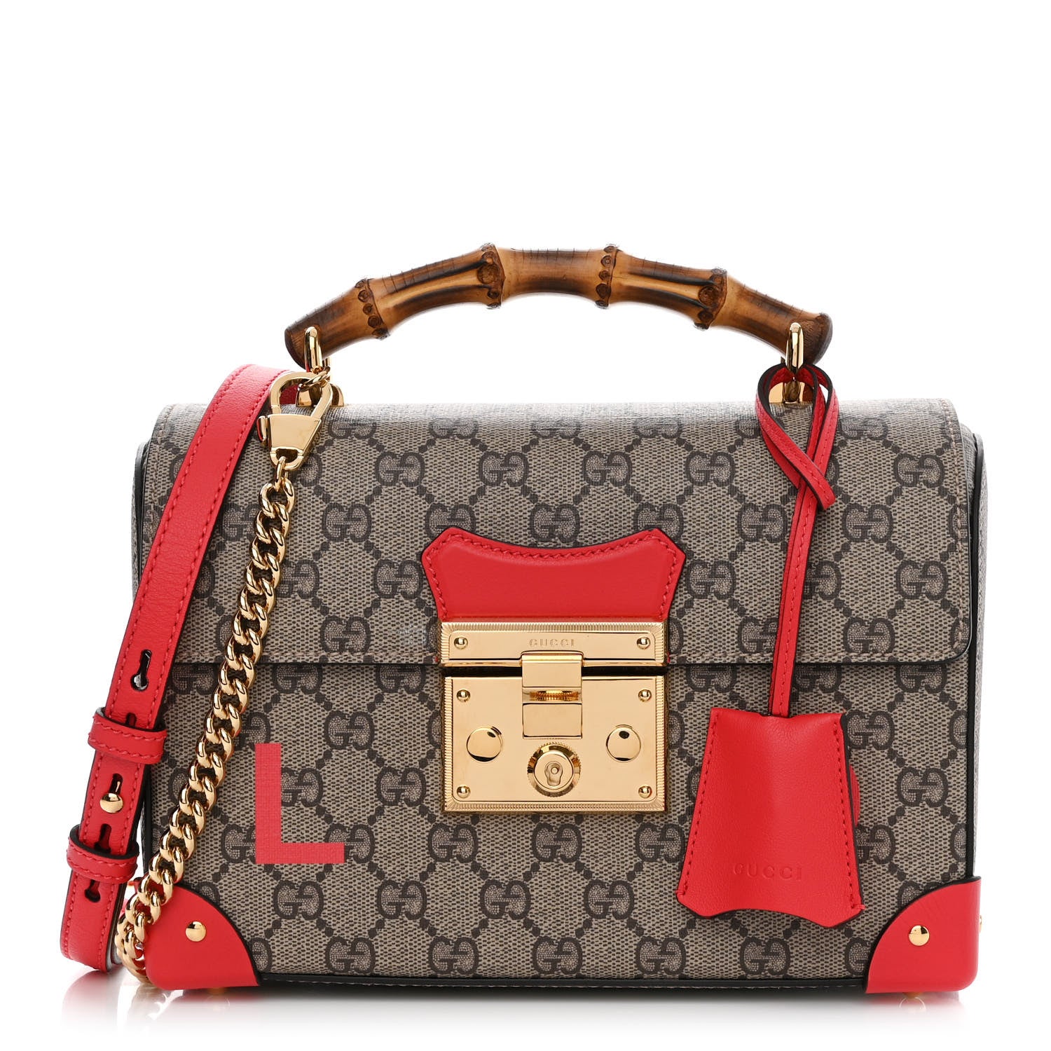 Gucci GG Supreme Monogram Calfskin Love Valentines Day Small Padlock Bamboo Shoulder Bag Beige Ebony New Geranium 1 of 9