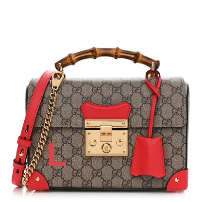 Gucci GG Supreme Monogram Calfskin Love Valentines Day Small Padlock Bamboo Shoulder Bag Beige Ebony New Geranium 1 of 9