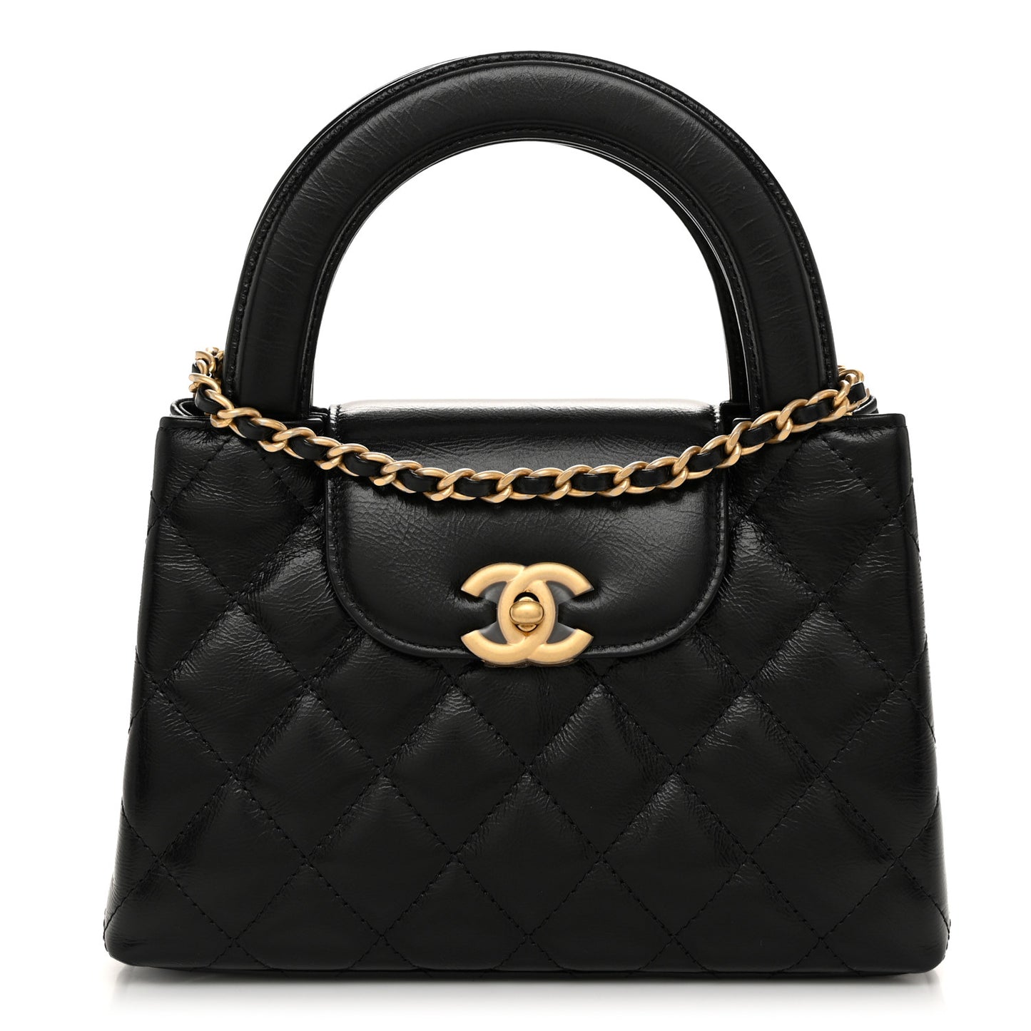Shiny Aged Calfskin Quilted Nano Kelly Shopper Black