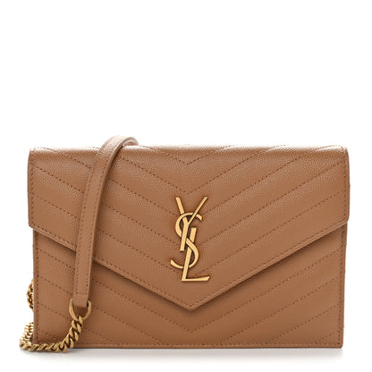 Saint Laurent Grain De Poudre Matelasse Chevron Monogram Envelope Chain Wallet Dune 1 of 10
