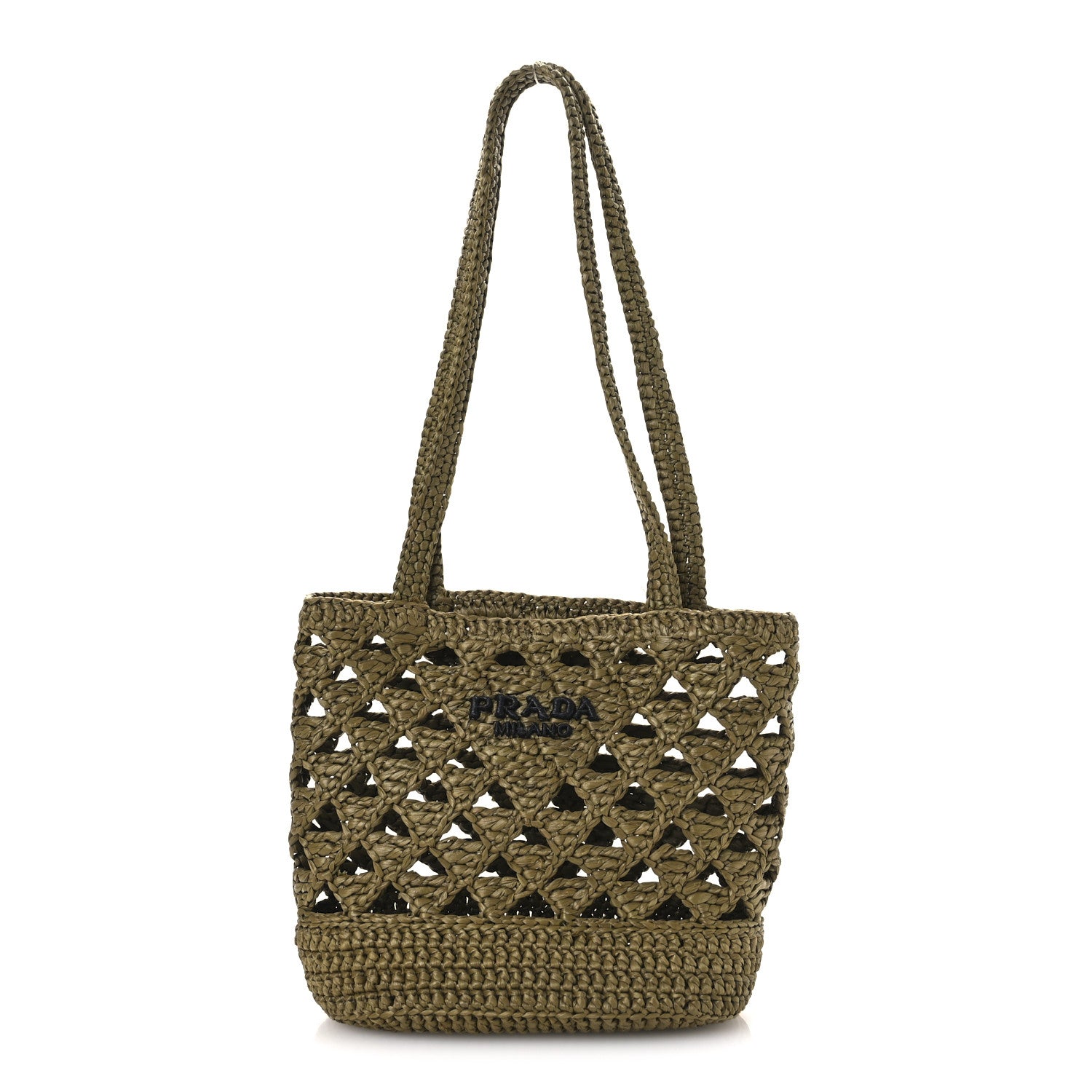 Prada Yarn Raffia Effect Crochet Embroidered Mini Logo Tote Oliva 1 of 9