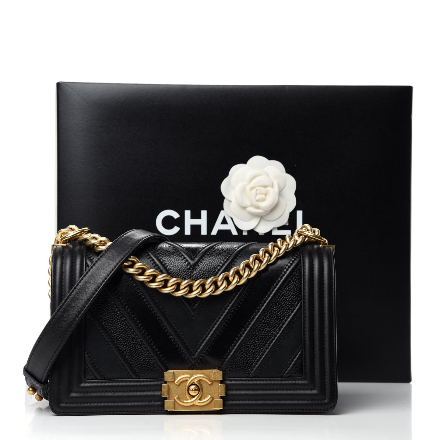 Caviar Suede Calfskin Chevron Medium Boy Flap Black