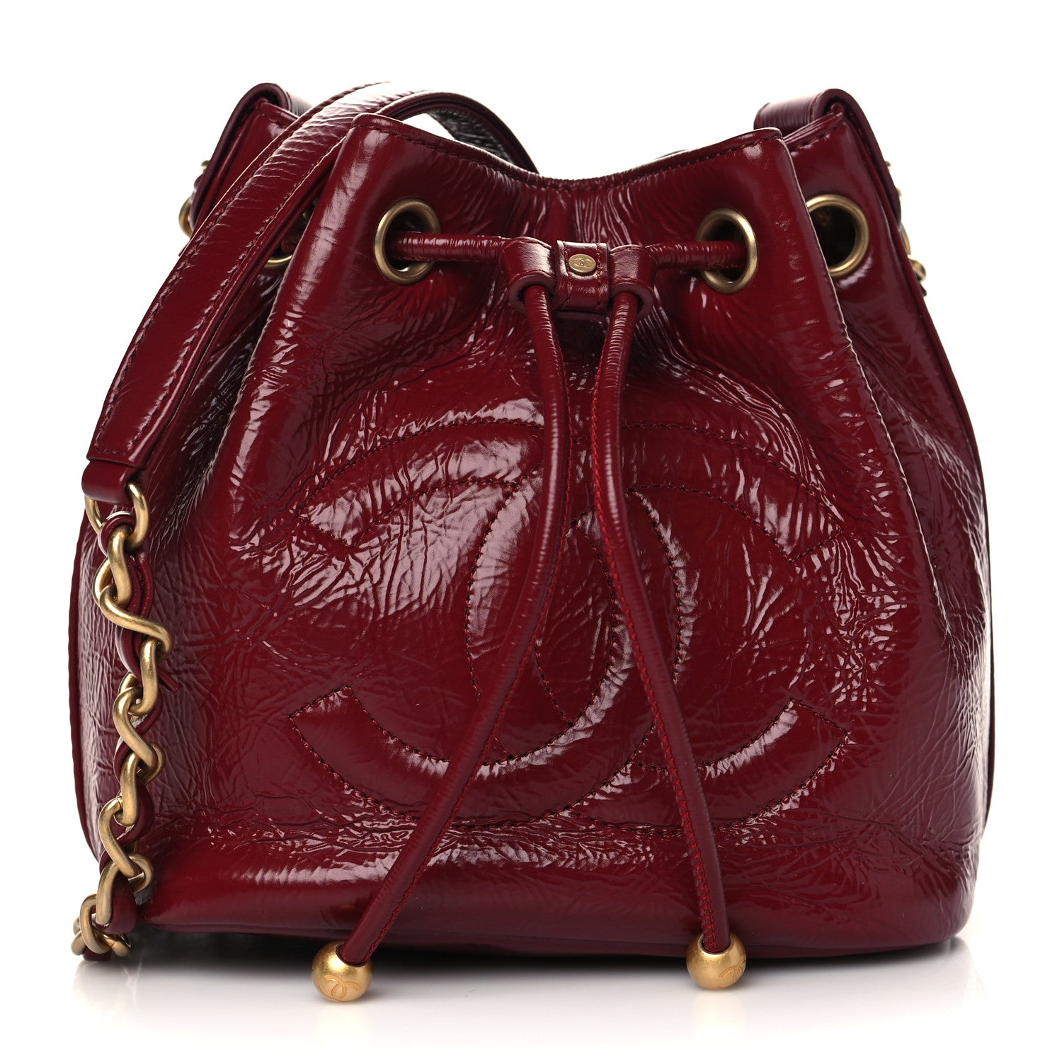 Chanel Shiny Aged Calfskin CC Chain Mini Drawstring Bag Red 1 of 10