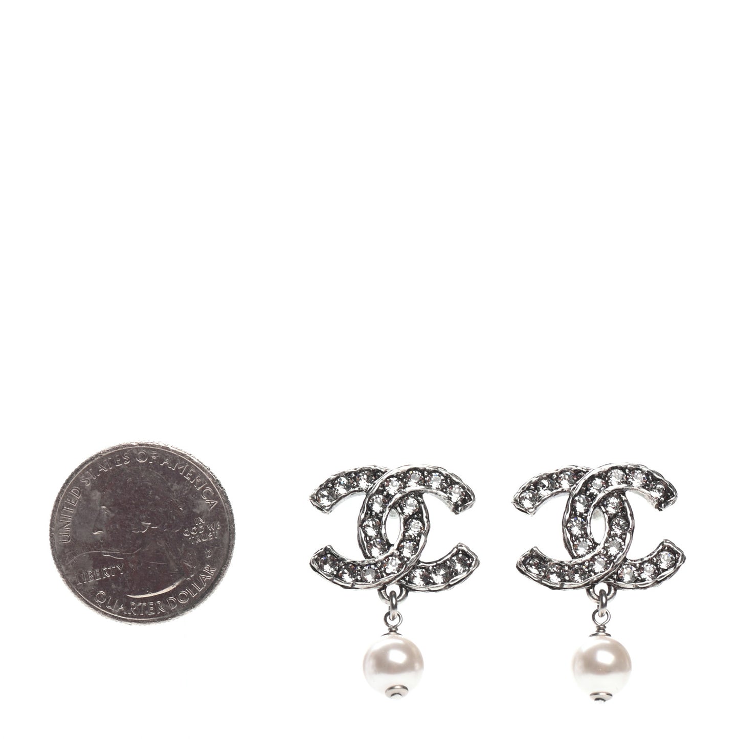 Crystal Pearl CC Drop Earrings Silver