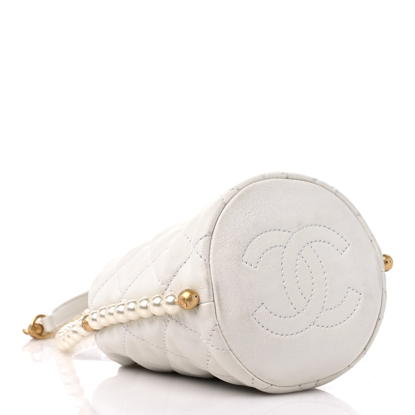 Calfskin Quilted Pearl Mini About Pearls Drawstring Bucket Bag White