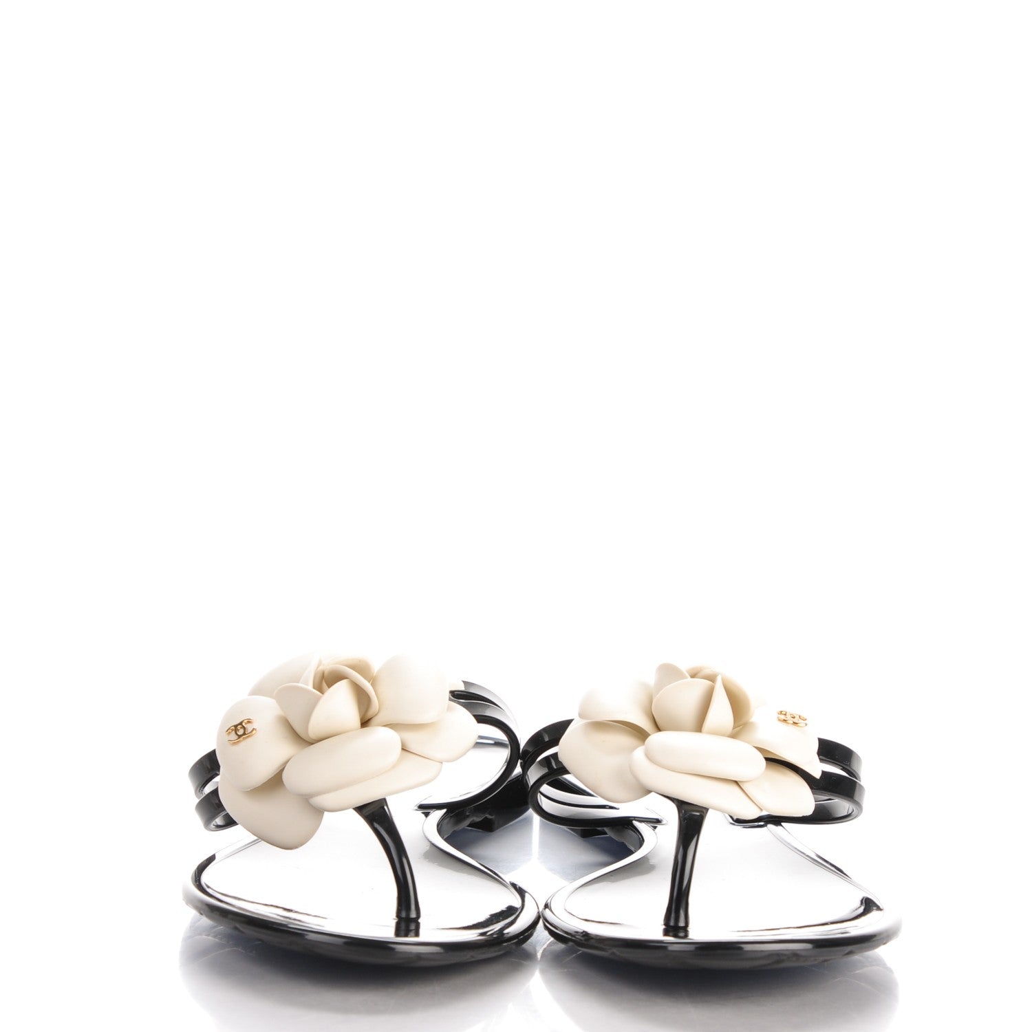 Chanel Jelly Camellia Thong Sandals 37 Black Ivory 2 of 7