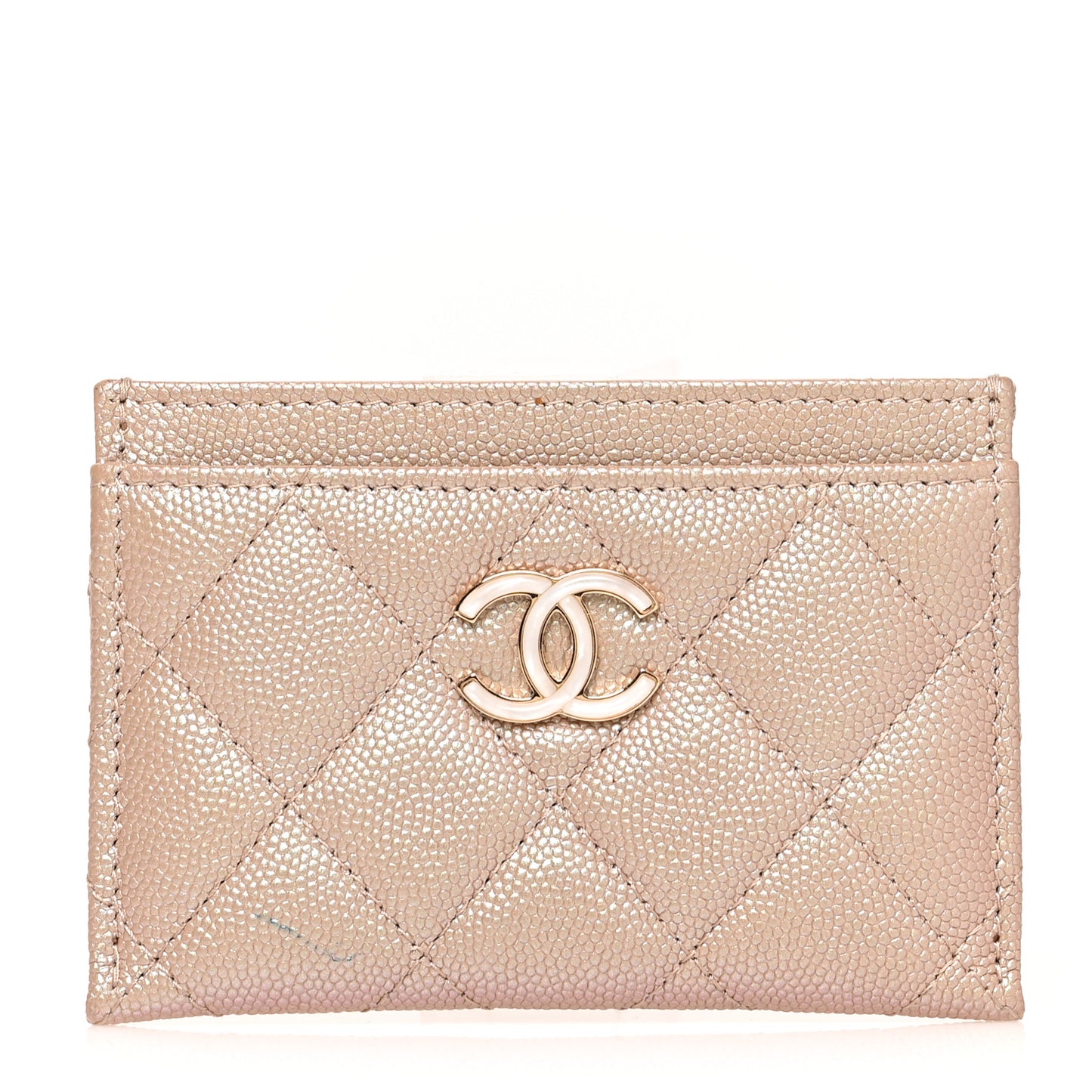 Iridescent Caviar Quilted Card Holder Beige