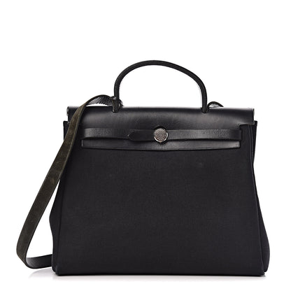 Hermes Toile Vache Calfskin Herbag 30 PM Black Natural 1 of 30