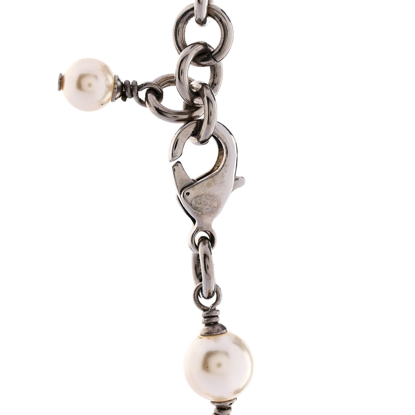 Graduated Pearl Crystal CC Long Necklace Silver