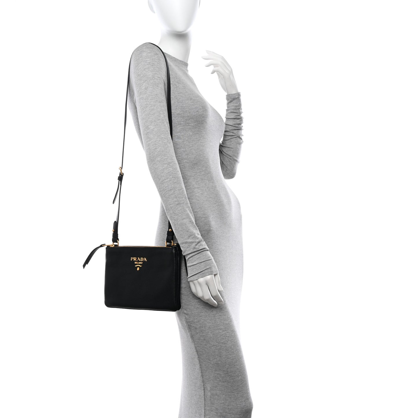 Vitello Phenix Double Zip Crossbody Bag Black