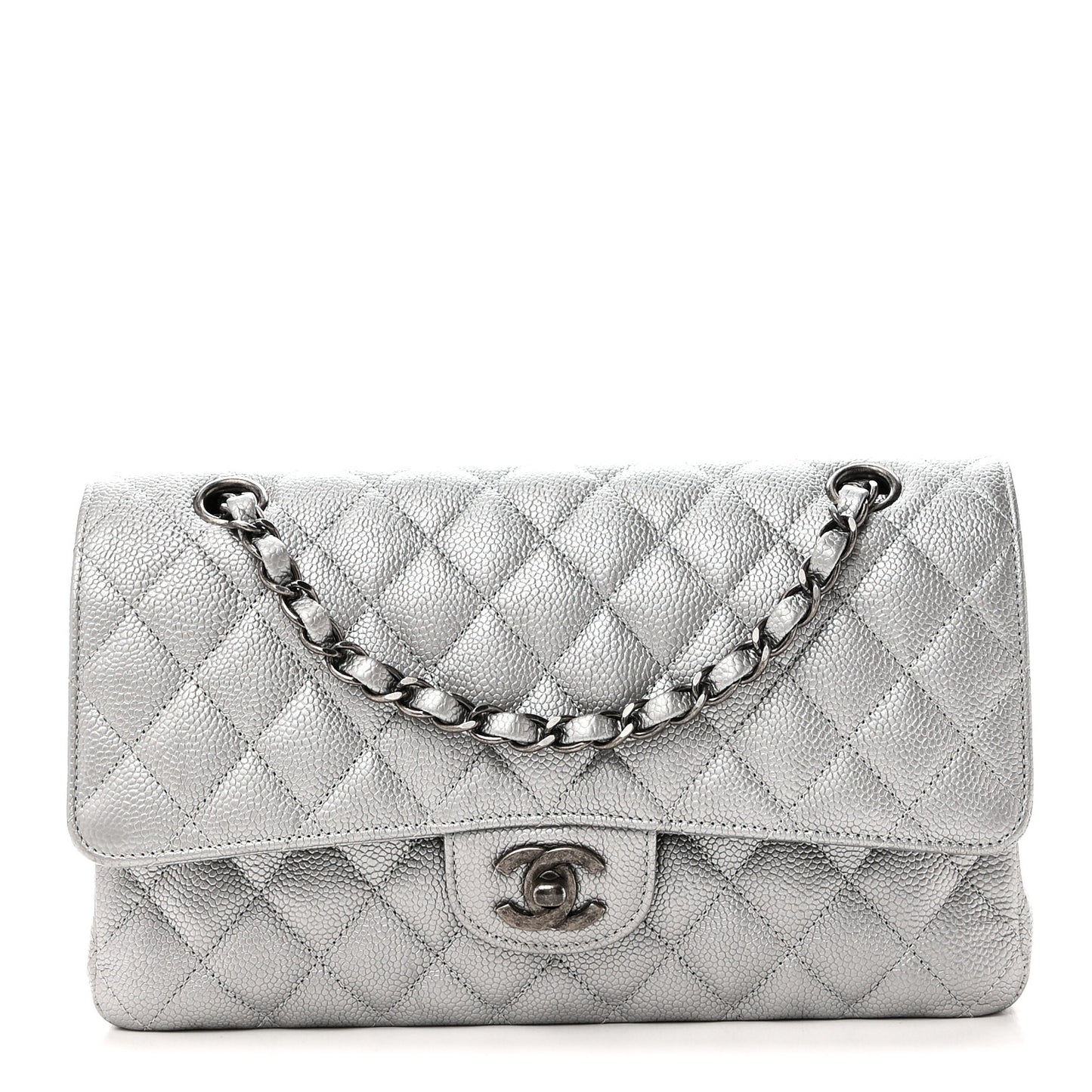 Metallic Caviar Quilted Medium Double Flap Silvery