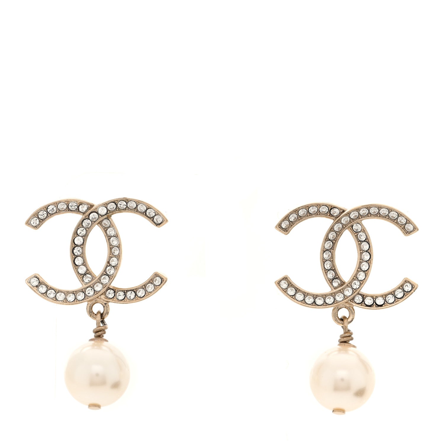 Chanel Crystal Pearl CC Drop Earrings Gold 1 of 5